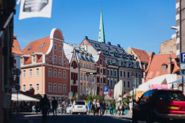 Riga Old Town view, Latvia, streets of  Vecriga historical center with Town Hall square, House Of The Black Heads, Cathedral and church, travel to Latvia and Baltic States, summer day with a blue sky
