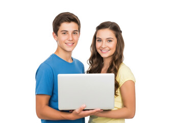 Smiling teenage boy and girl holding a modern laptop computer together isolated on transparent background
