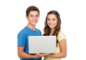 Smiling teenage boy and girl holding a modern laptop computer together isolated on transparent background