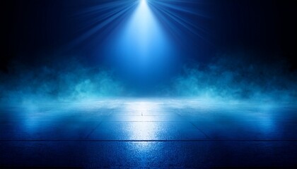 ethereal blue spotlight illumination over sleek reflective surface veiled in atmospheric mist creating a captivating and dramatic ambiance