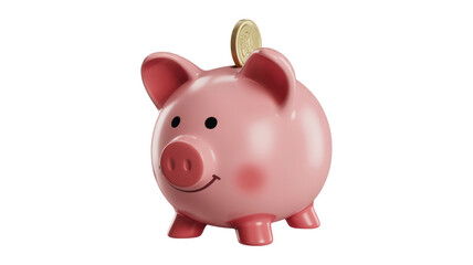 Obraz premium A cute pink piggy bank with a gold coin being deposited into its slot, symbolizing savings, financial growth, and future planning. background removed