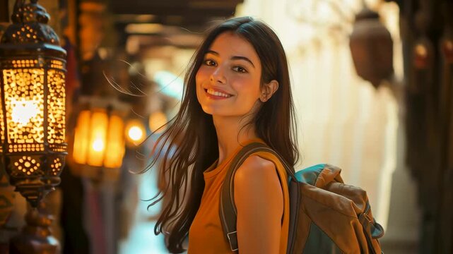 Traveler's Radiance: A smiling traveler, backpack in tow, immersed in the allure of traditional market, the scene exudes the spirit of exploration and cultural discovery.