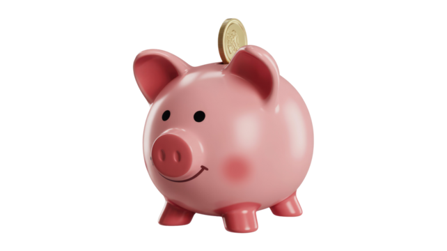 A cute pink piggy bank with a gold coin being deposited into its slot, symbolizing savings, financial growth, and future planning. background removed