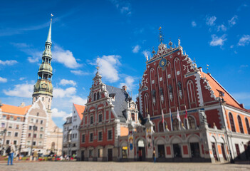 Riga Old Town view, Latvia, streets of Vecriga historical center with Town Hall square, House Of The Black Heads, Cathedral and church, travel to Latvia and Baltic States, summer day with a blue sky