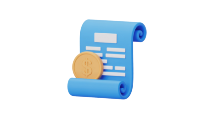 A 3D rendered blue scroll-like document with white text lines and a golden dollar coin, symbolizing financial transactions, billing, or agreement. background removed