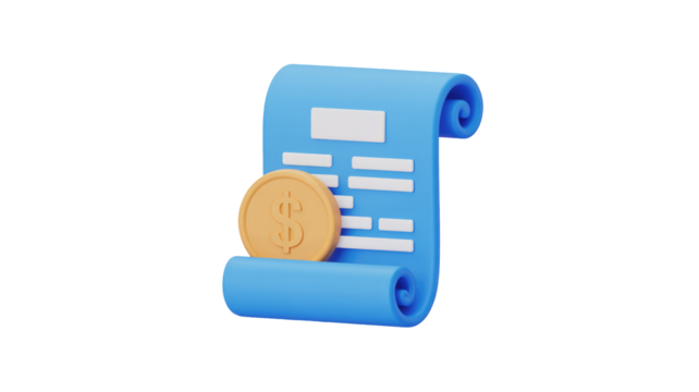 A 3D rendered blue scroll-like document with white text lines and a golden dollar coin, symbolizing financial transactions, billing, or agreement. background removed
