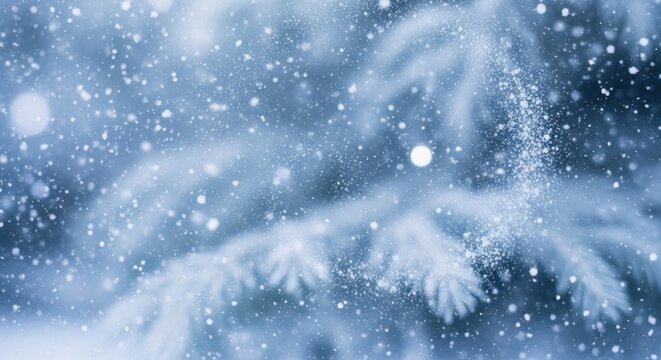 Serene winter scene of softly falling snow on blurred evergreen tree branches