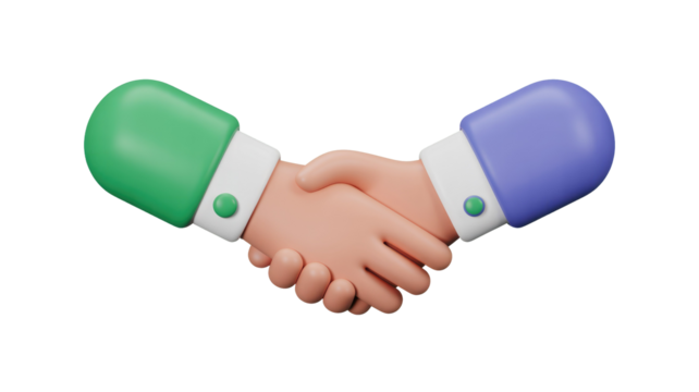 A playful 3D illustration depicting two hands shaking, one green-cuffed and one purple-cuffed, symbolizing agreement, partnership, and successful collaboration. background removed