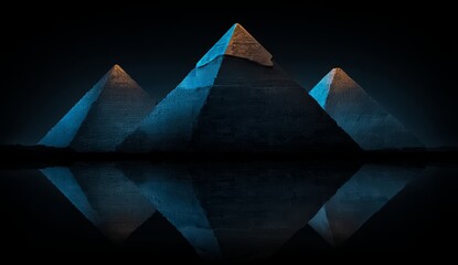 Three pyramids are reflected in the water. The water is dark blue