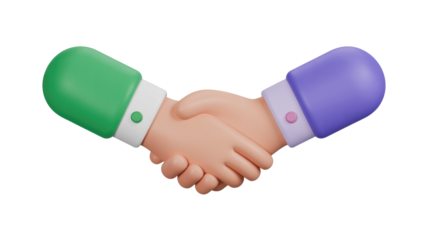 A 3D rendered image of two hands shaking, one green-sleeved and one purple-sleeved, symbolizing agreement, partnership, or greeting. background removed