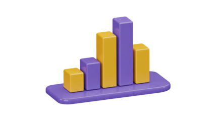 Vibrant 3D bar chart icon with alternating yellow and purple bars on a glossy base, symbolizing data visualization, growth, and statistics. background removed