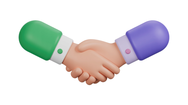 A 3D rendered image of two hands shaking, one green-sleeved and one purple-sleeved, symbolizing agreement, partnership, or greeting. background removed