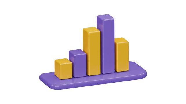 Vibrant 3D bar chart icon with alternating yellow and purple bars on a glossy base, symbolizing data visualization, growth, and statistics. background removed - Powered by Adobe