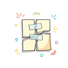 Creative illustration of torn paper pieces taped back together with colorful celebratory accents