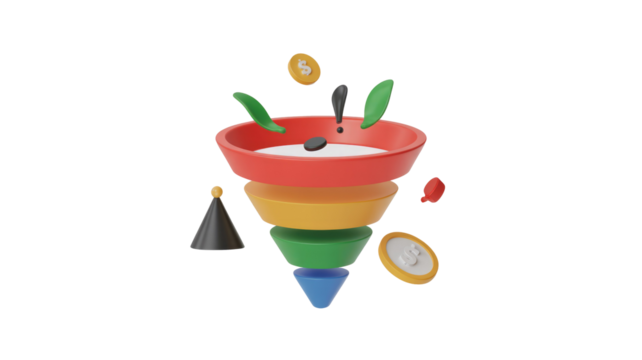 A vibrant 3D rendering of a multi-stage business funnel, illustrating sales process, lead generation, and conversion with various floating elements. background removed