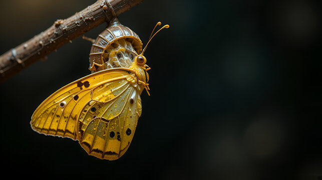 A golden birdwing butterfly has just emerged from her chrysalis