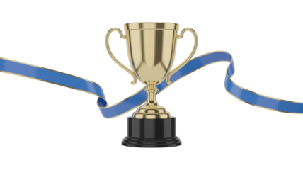 A gleaming golden trophy cup with a black base, draped with an elegant blue ribbon featuring gold trim, symbolizing success and achievement. background removed