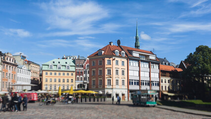 Riga Old Town view, Latvia, streets of  Vecriga historical center with Town Hall square, House Of The Black Heads, Cathedral and church, travel to Latvia and Baltic States, summer day with a blue sky
