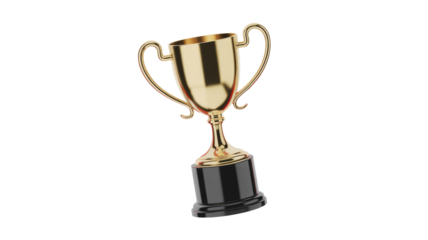 A gleaming golden 3D trophy with elegant handles and a black base, representing success and achievement, isolated on a solid transparent background. background removed