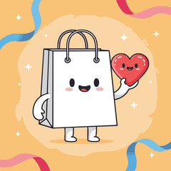 Delightful cartoon shopping bag character with a kawaii heart offering a loving embrace on a cheerful background