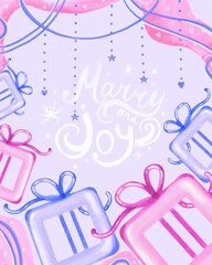Obraz premium Hand drawn pastel holiday design with gift boxes and Merry and Joy lettering. Perfect for Christmas cards or wrapping.