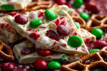 A colorful Christmas candy bark with white chocolate, pretzels, and red and green M&Ms, broken into pieces 