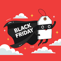 Cartoon price tag with cape flying through clouds with black friday text
