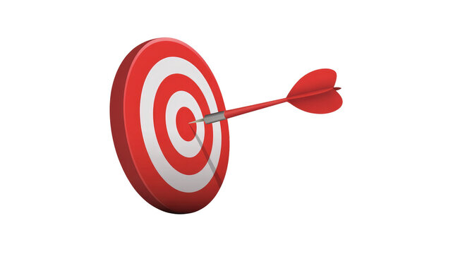 A vibrant red dart perfectly hits the bullseye of a red and white dartboard, symbolizing precise aim, achievement, and strategic success. background removed