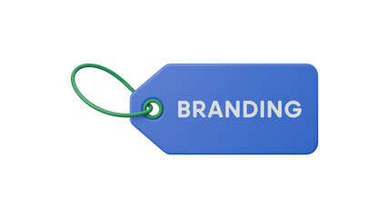 A 3D rendered blue tag with 'BRANDING' text and a green loop, symbolizing business, marketing, and identity concepts. background removed