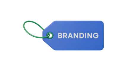 A 3D rendered blue tag with 'BRANDING' text and a green loop, symbolizing business, marketing, and identity concepts. background removed