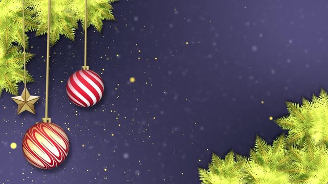 A beautiful seasonal scene with decorations and copy space. Shiny baubles and golden snow fall gently.