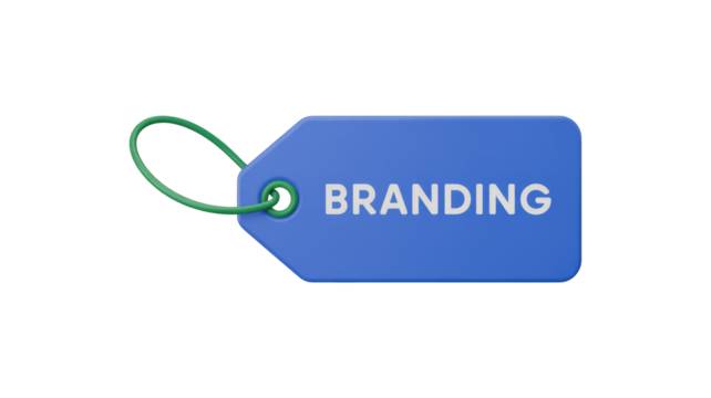A 3D rendered blue tag with 'BRANDING' text and a green loop, symbolizing business, marketing, and identity concepts. background removed - Powered by Adobe