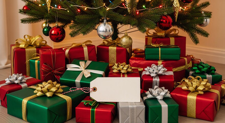 Blank Kraft Paper Gift Tag Mockup on Lit Christmas Tree  generated ai