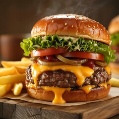 hamburger on a wooden table