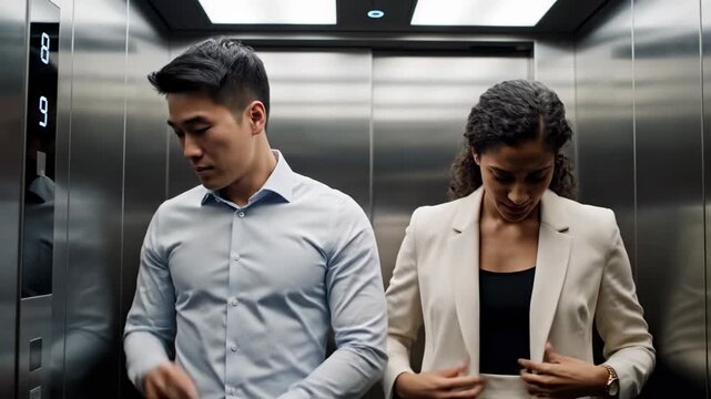 Business Professionals in Elevator: Time, Conversation, and Anticipation