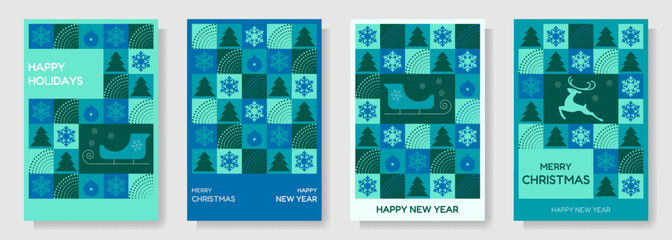 A festive set of geometric mosaic New Year's posters