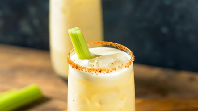 Close-up of a refreshing cocktail garnished with celery stick and spicy rim. Background blurred