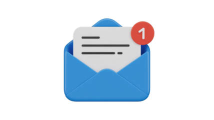 A 3D blue open envelope with a letter inside and a red "1" notification badge, representing a new message or unread email. background removed