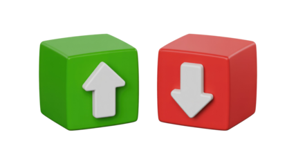 Two 3D cubes, green with an up arrow and red with a down arrow, represent concepts of increase, decrease, or voting. background removed