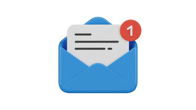 A 3D blue open envelope with a letter inside and a red "1" notification badge, representing a new message or unread email. background removed