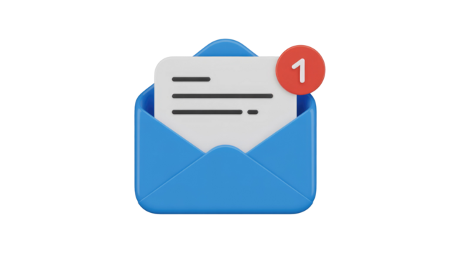 A 3D blue open envelope with a letter inside and a red "1" notification badge, representing a new message or unread email. background removed