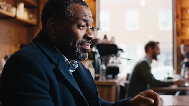Focused Man Using Phone in Cafe, Coffee, Social Interaction