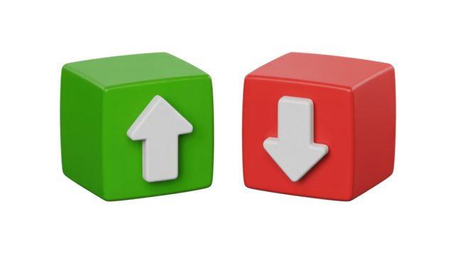 Two 3D cubes, green with an up arrow and red with a down arrow, represent concepts of increase, decrease, or voting. background removed