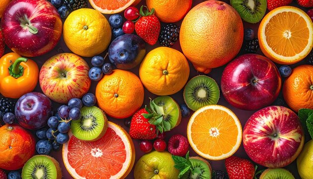 Vibrant Assortment of Fresh Fruits and Vegetables Including Apples Oranges Grapes Strawberries Kiwi and Bell Pepper Displayed Together in a Lively Overhead Shot - Powered by Adobe