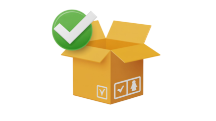 An open cardboard delivery box with a prominent green checkmark, symbolizing successful order completion or package delivery. Shipping icons adorn its side. background removed