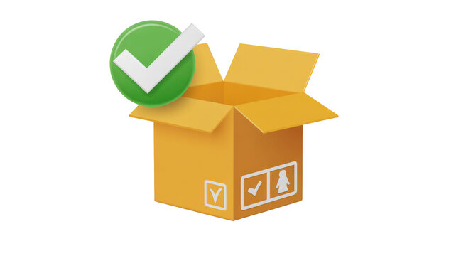 An open cardboard delivery box with a prominent green checkmark, symbolizing successful order completion or package delivery. Shipping icons adorn its side. background removed