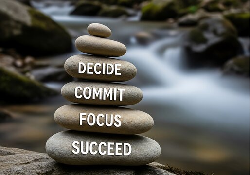a balanced stack of stones with motivational words like decide commit focus and succeed is positioned near a flowing stream in nature