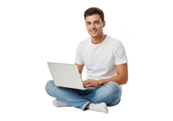 Smiling young man in casual attire sits cross legged with a modern laptop computer isolated on transparent background