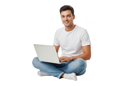 Smiling young man in casual attire sits cross legged with a modern laptop computer isolated on transparent background