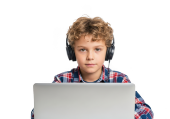Young boy with curly blond hair wearing headphones and a plaid shirt looking at a laptop isolated on transparent background